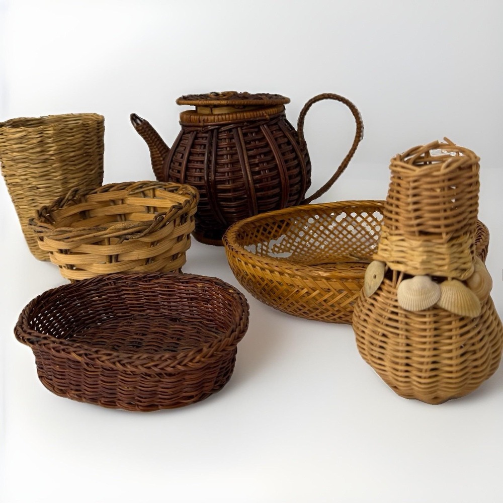 Lot of 6 Vintage Rattan,Wicker, Bamboo Handmade Baskets Boho Cottage Decor - Picture 2 of 16